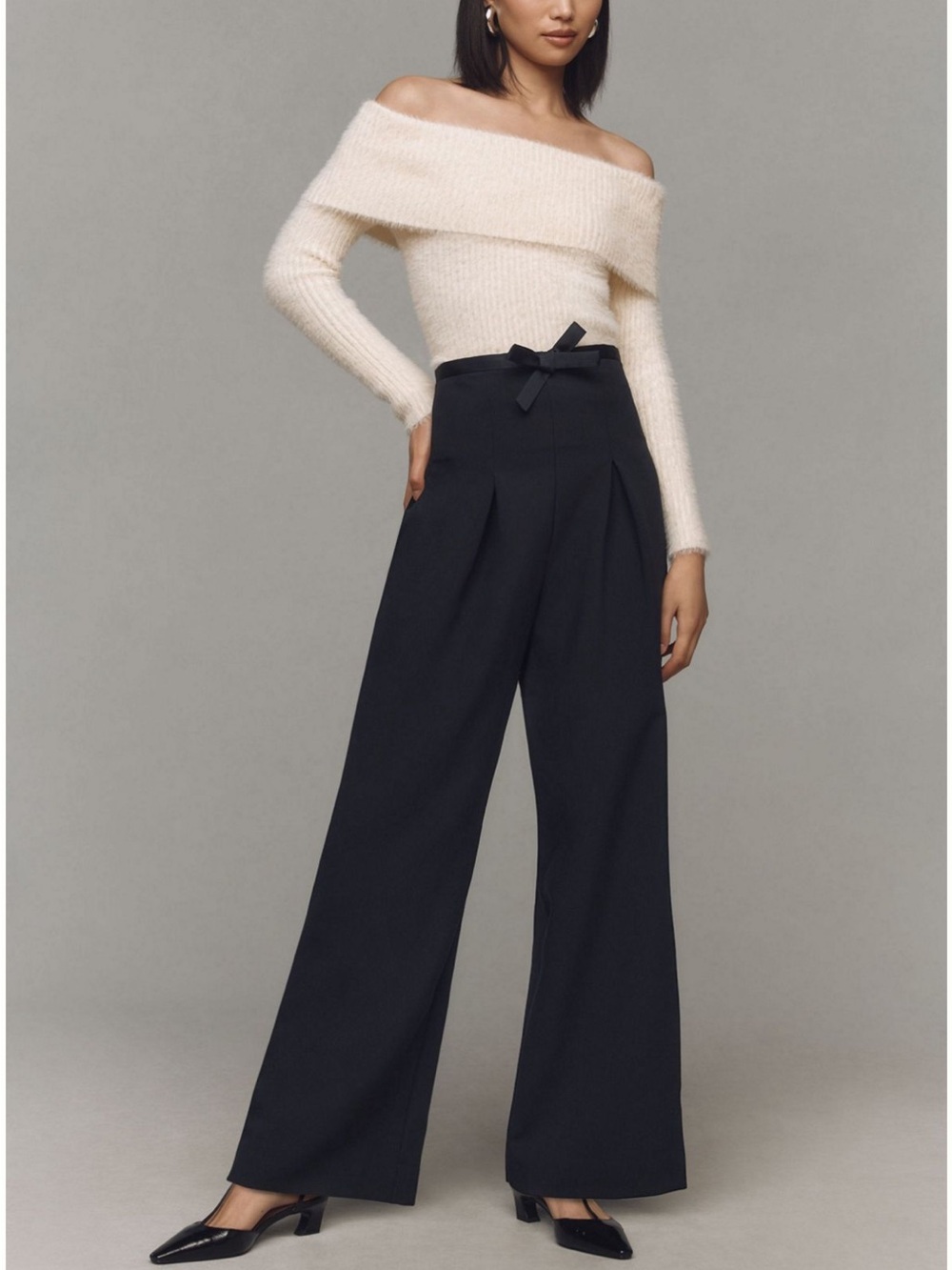 Anthropologie Black High-Waist Wide-Leg Pants with Bow Tie